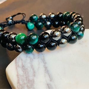 Mens Bracelet Green Tiger eye black tourmaline and Hematite